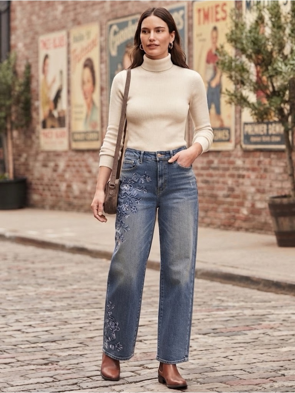 High-Rise Embroidered Wide Straigt Leg Jeans Size M